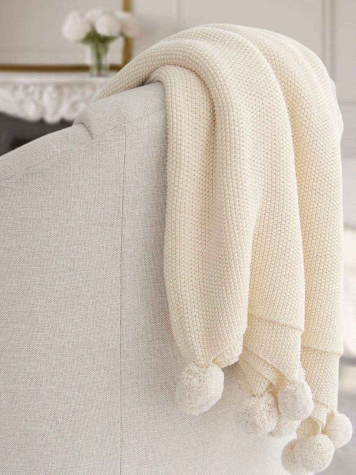 100% Cotton Seedstitch Throw Blanket with Pom Poms in Luxurious Cream Color, 50W x 60L. 