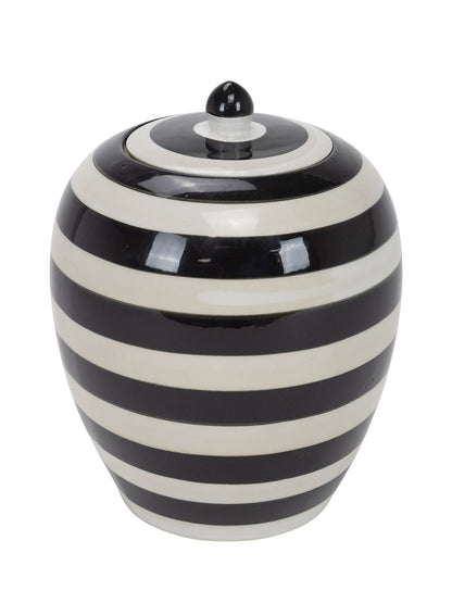 9.5 inch Ceramic Jar with Black and White Stripe Design and lid, sold by KYA Home Decor. 