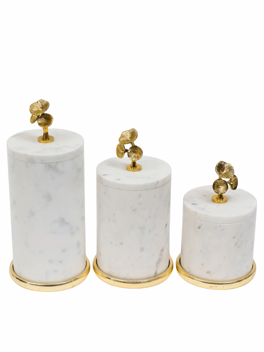 White Marble Canisters with Gold Metal Floral Design on Lids, available in 3 Sizes - KYA Home Decor.