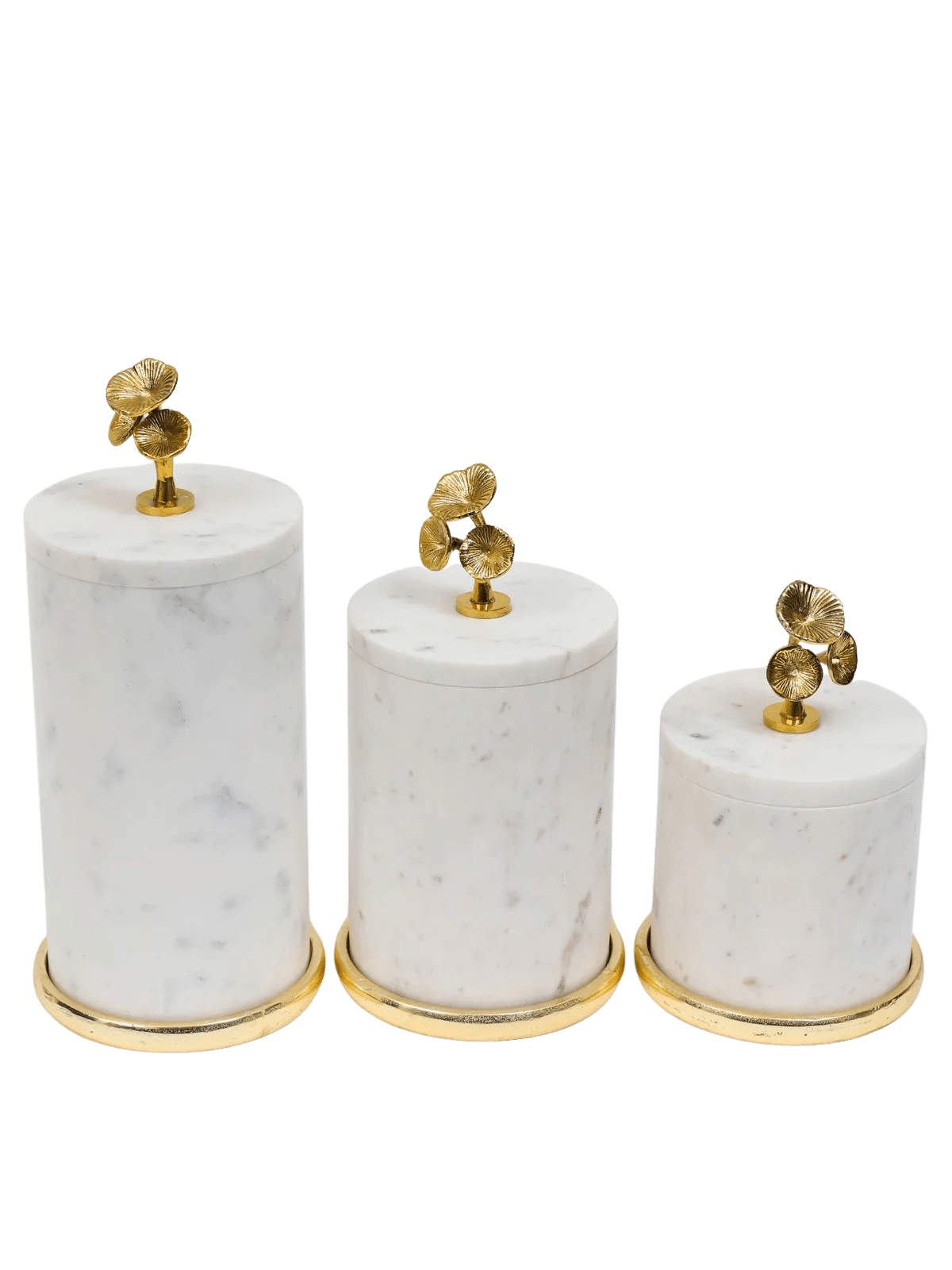 White Marble Canisters with Gold Metal Floral Design on Lids, available in 3 Sizes - KYA Home Decor.