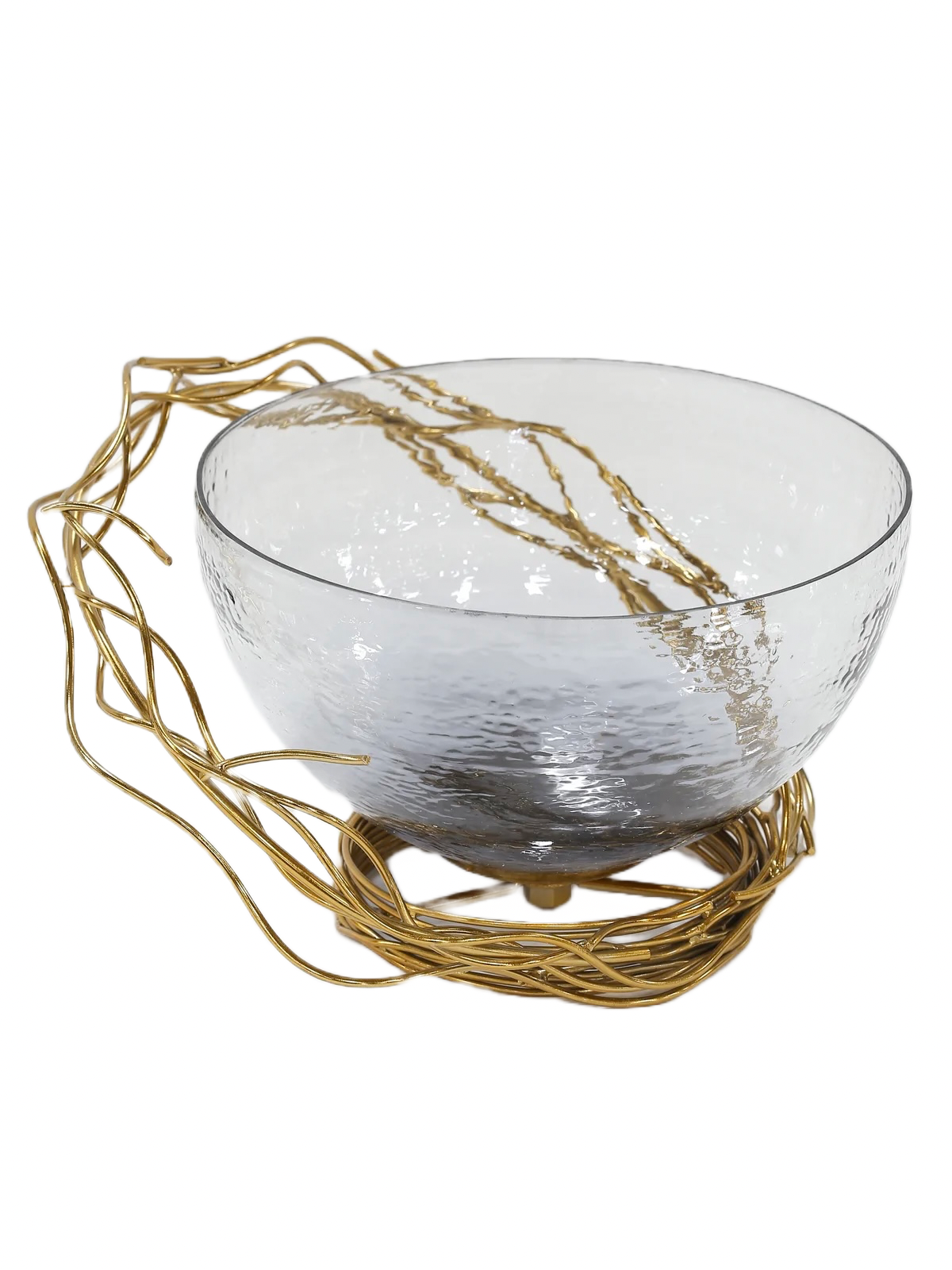 Smoked Glass Bowl with Gold Tone Twig Design, 12L x 10W x 9H.