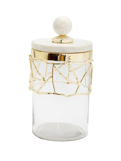 11.25H Luxury Kitchen Glass Canister With Gold Mesh Design and Marble Lid - KYA Home Decor.