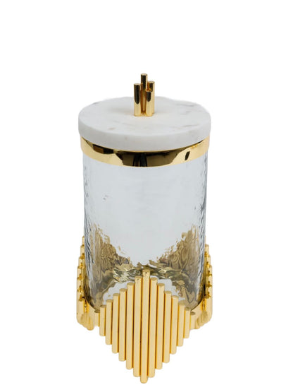 9H Luxurious glass canisters with gold metal diamond shaped base and marble lid - KYA Home Decor.