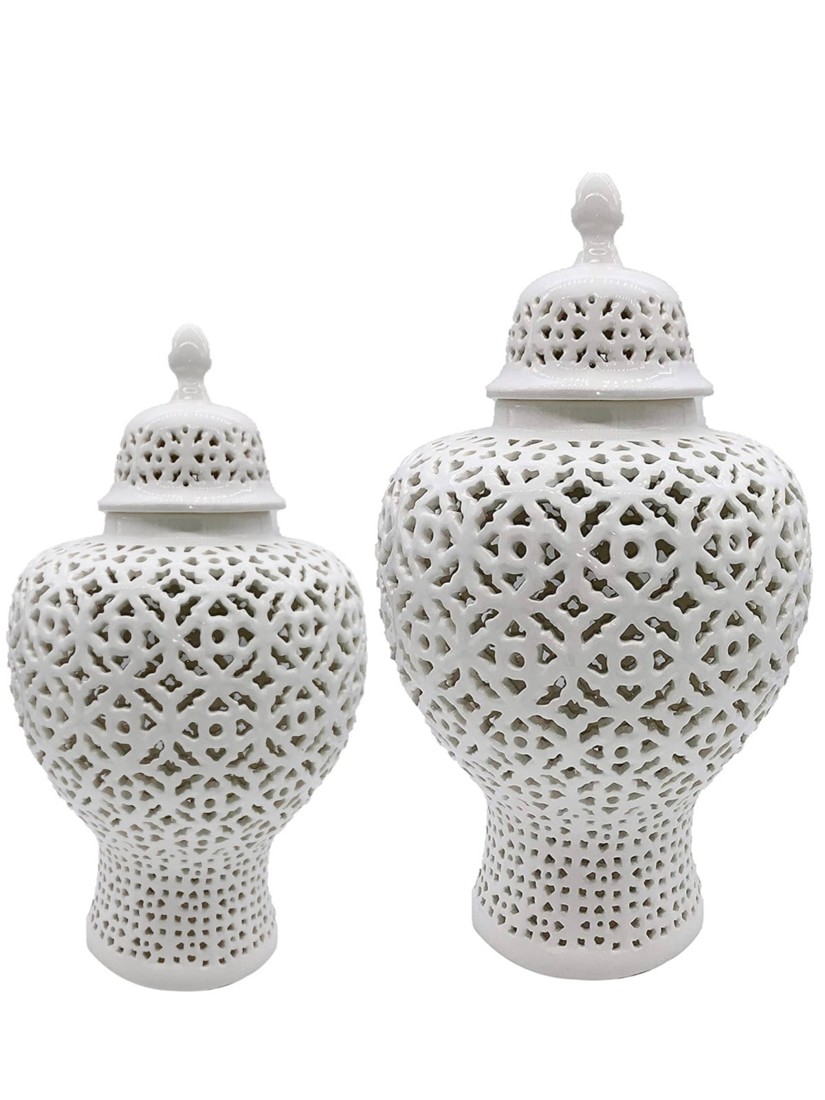 White Ceramic Ginger Jar with an elegant pierced design and lid. Available in 2 sizes