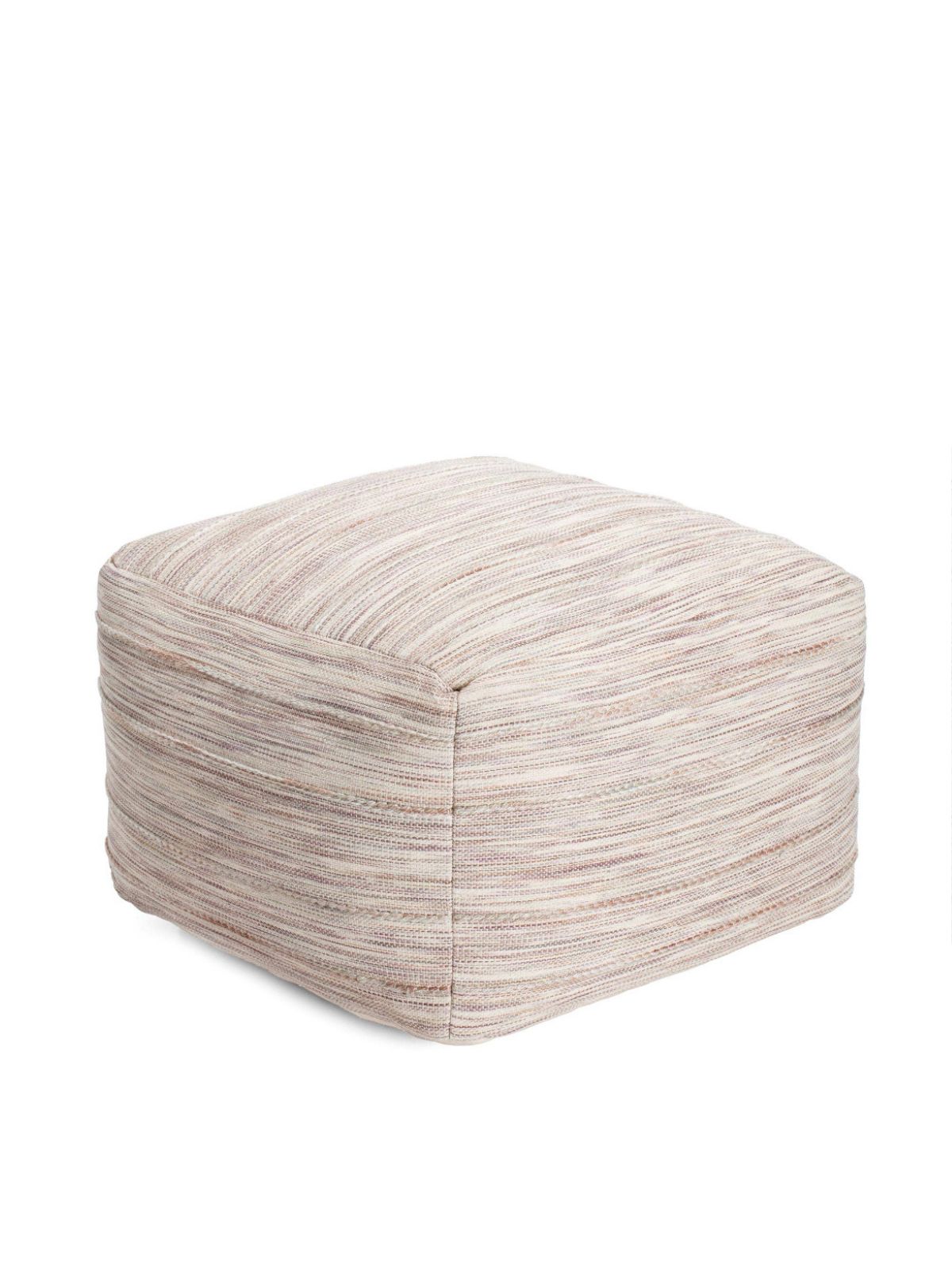 The Gioia Pouf In Tan is Upholstered in a fabric blend that is handcrafted by skilled weavers