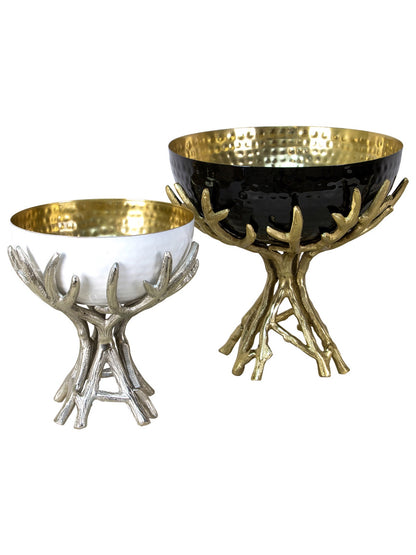 9.5D x 9H decorative bowl with gold interior sitting on a stainless steel branch stand available in 2 colors.
