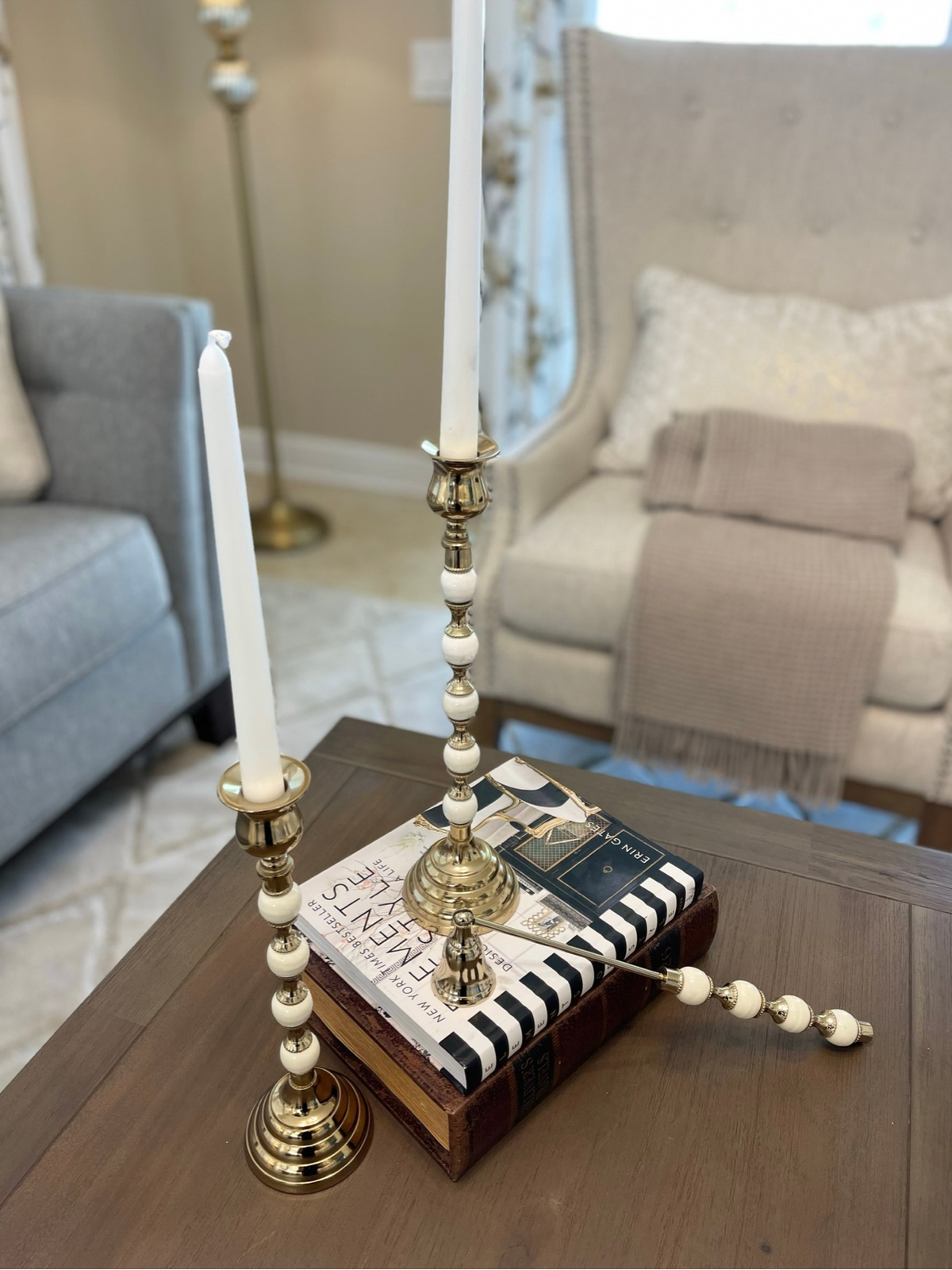 10H Gold Stainless Steel Candle Holder with White Ceramic Beaded Design Stem. Sold by KYA Home Decor.