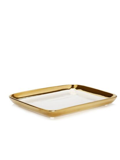 White Oblong Ceramic Decorative Tray with Luxury Gold Edges.