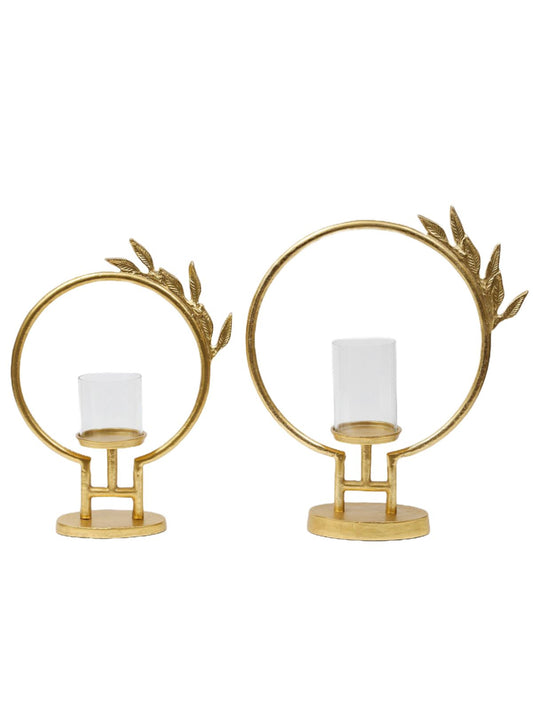 Gold Brass and Glass Circled Hurricane Candle Holder with Gold Leaf Design on Top.