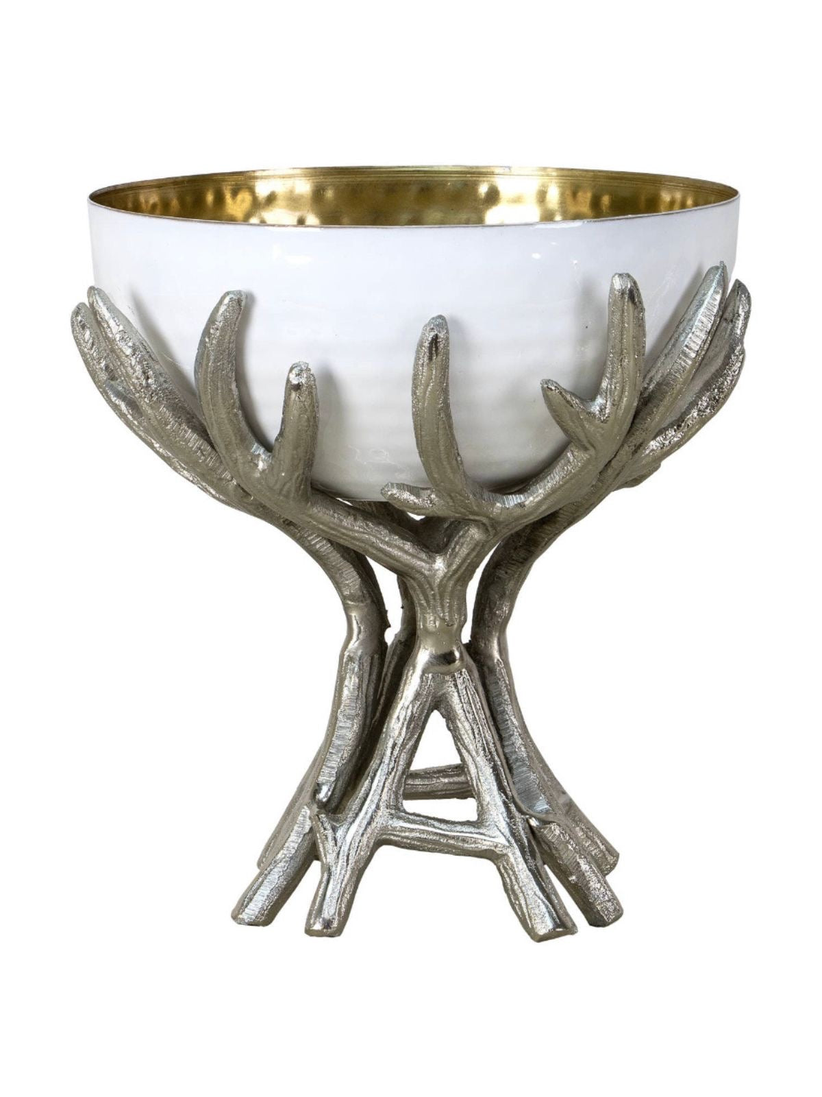9.5D x 9H decorative white bowl with gold interior sitting on a silver branch stand, sold by KYA Home Decor.