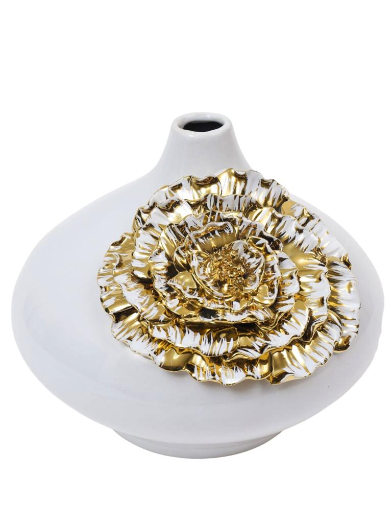 10 inch White Ceramic Decorative Vase With Luxury Gold Flower Design - KYA Home Decor