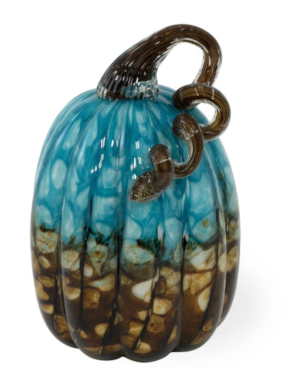 This Tall Copper Canyon Glass Harvest Pumpkin is perfect for bringing decorative beauty to your home. Hand-blown pumpkin displays shades of green and blue and features an accenting textured twisted glass stem on top.