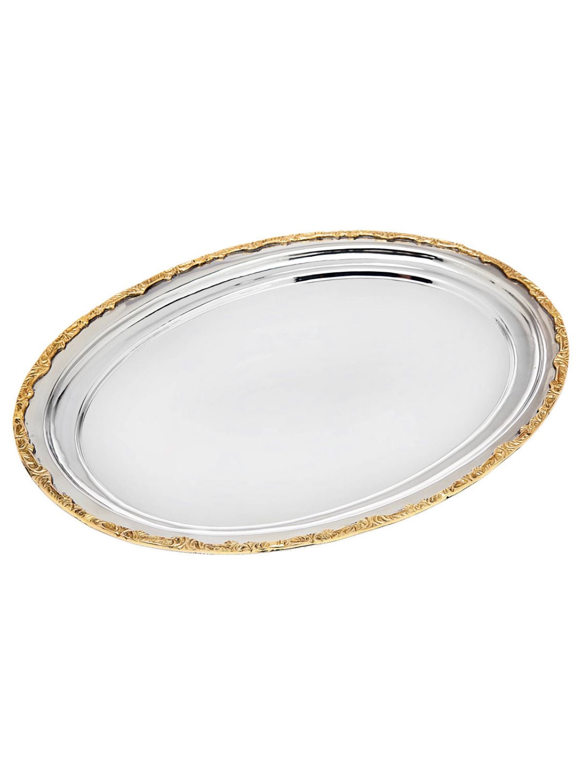 Stainless Steel Oval Serving Tray With Gold Rim Sold by KYA Home Decor.