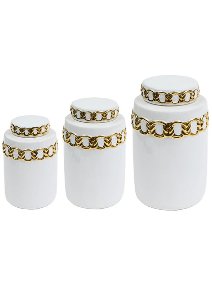 White Ceramic Kitchen Jar with Luxury Gold Chain Details in 3 Sizes - KYA Home Decor