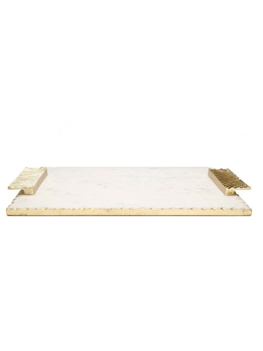 Luxurious White Marble Decorative Tray with Gold Brass Handles, 16L x 11W. 