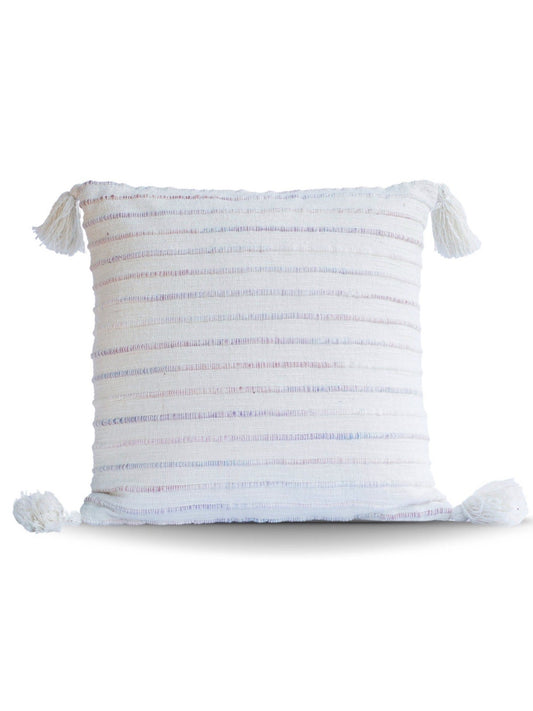 This 18x18 Cream Pillow has a linen texture with a rainbow cording of soft subtle pinks and purples stitched into to create a striped pattern. The pillow design has cream tassels for a dimensional whimsical touch. Sold by KYA Home Decor