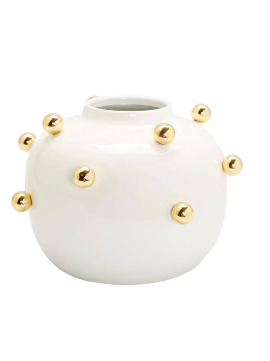 6.5H White Ceramic Designer Vase with Luxury Gold Metal Studs - KYA Home Decor