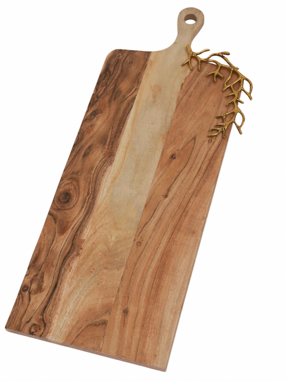 Rectangular Wood Charcuterie Board with Gold Coral Design and Handle, 24L X 9W. 