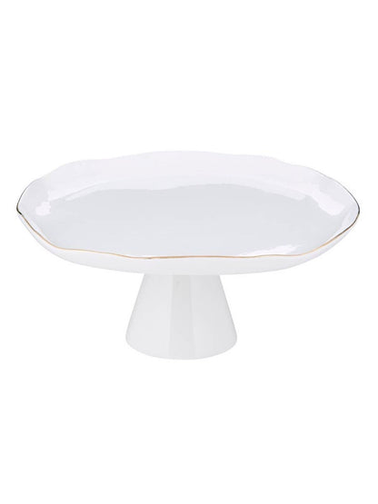 This 11.5 D Pedestal Tray Features Minimalist modern design with a classic white ceramic with gold edges.