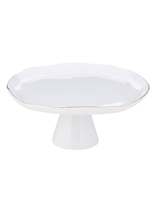 This 11.5 D Pedestal Tray Features Minimalist modern design with a classic white ceramic with gold edges.