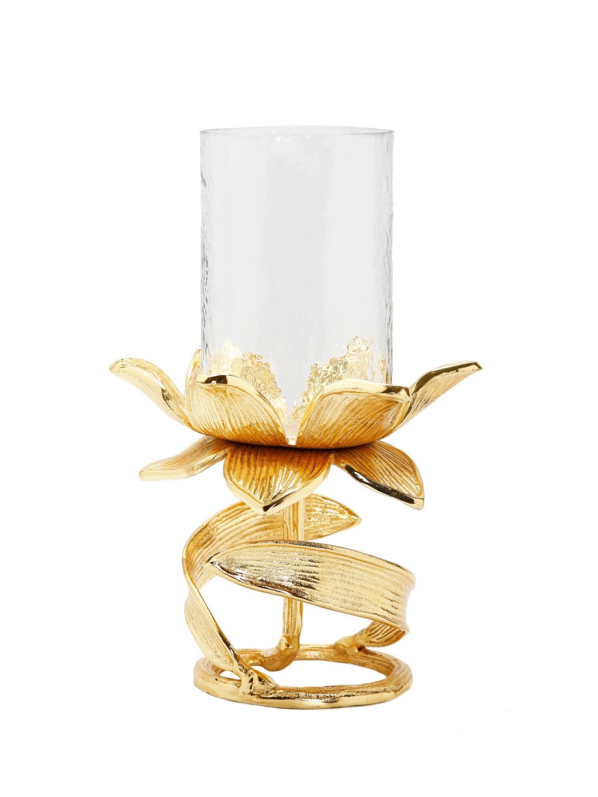 11.8H Hammered Glass Candle Holders on Gold Stainless Steel Floral Stand. Sold by KYA Home Decor.