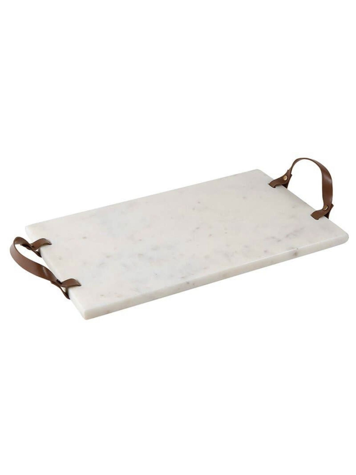 This 16 inch L Rectangular serving tray features white marble and brown leather handles for easy carrying. Stylish and completely versatile tray that can be used to elegantly display items around the kitchen or around the house. Sold by KYA Home Decor