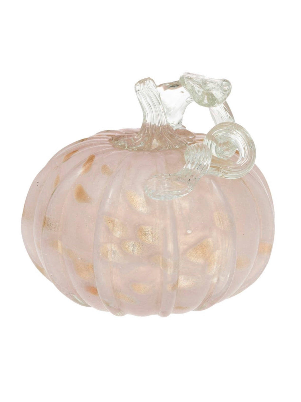 This Pink & Gold Glass Pumpkin is perfect for decorating your home during fall season! This hand-blown glass pumpkin features an abstract Pink and gold pattern with a curly clear stem.