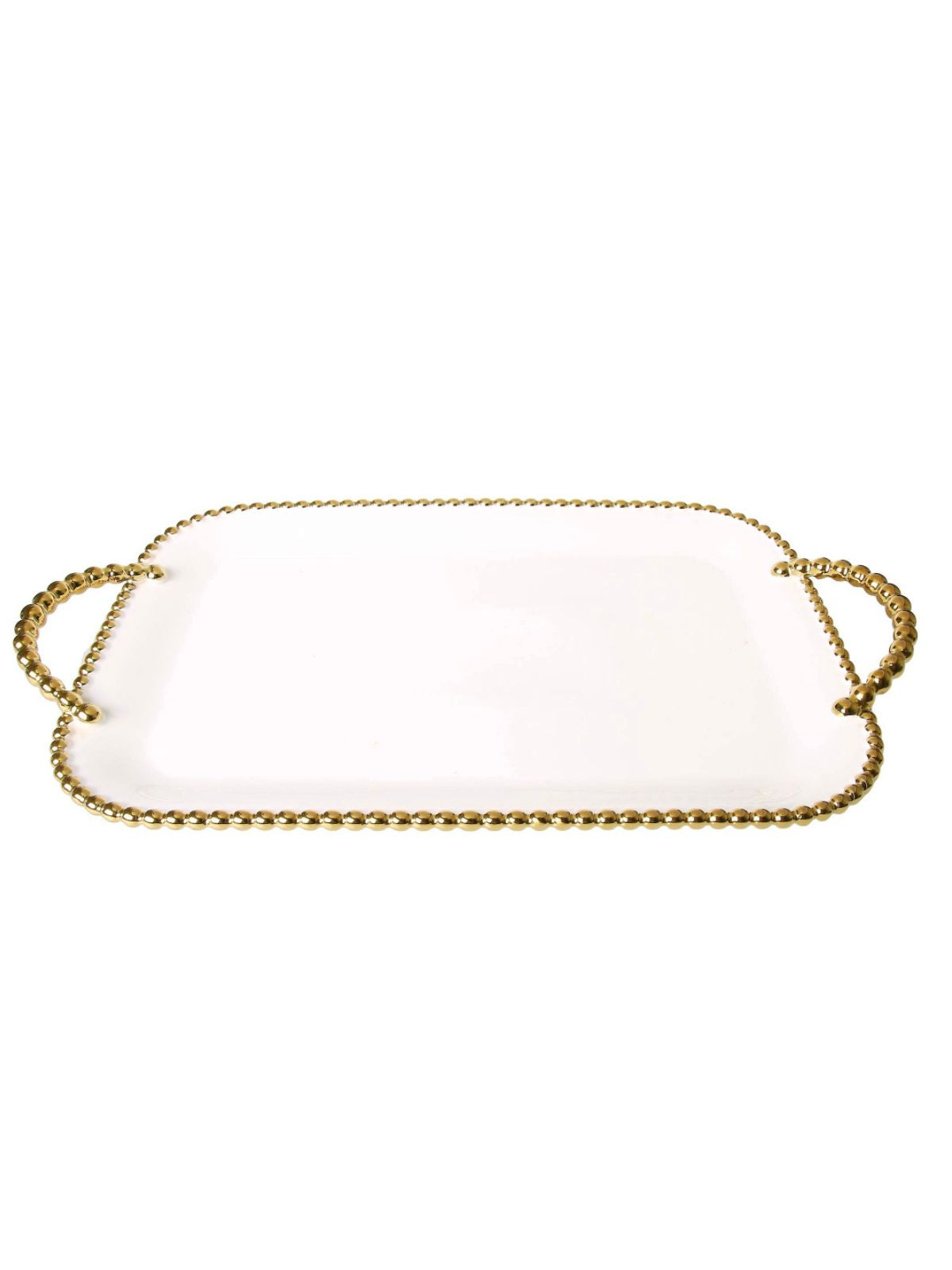 White Porcelain Serving Tray With Luxury Gold Beaded Edges and Handles, 19.5L x 10.5W.