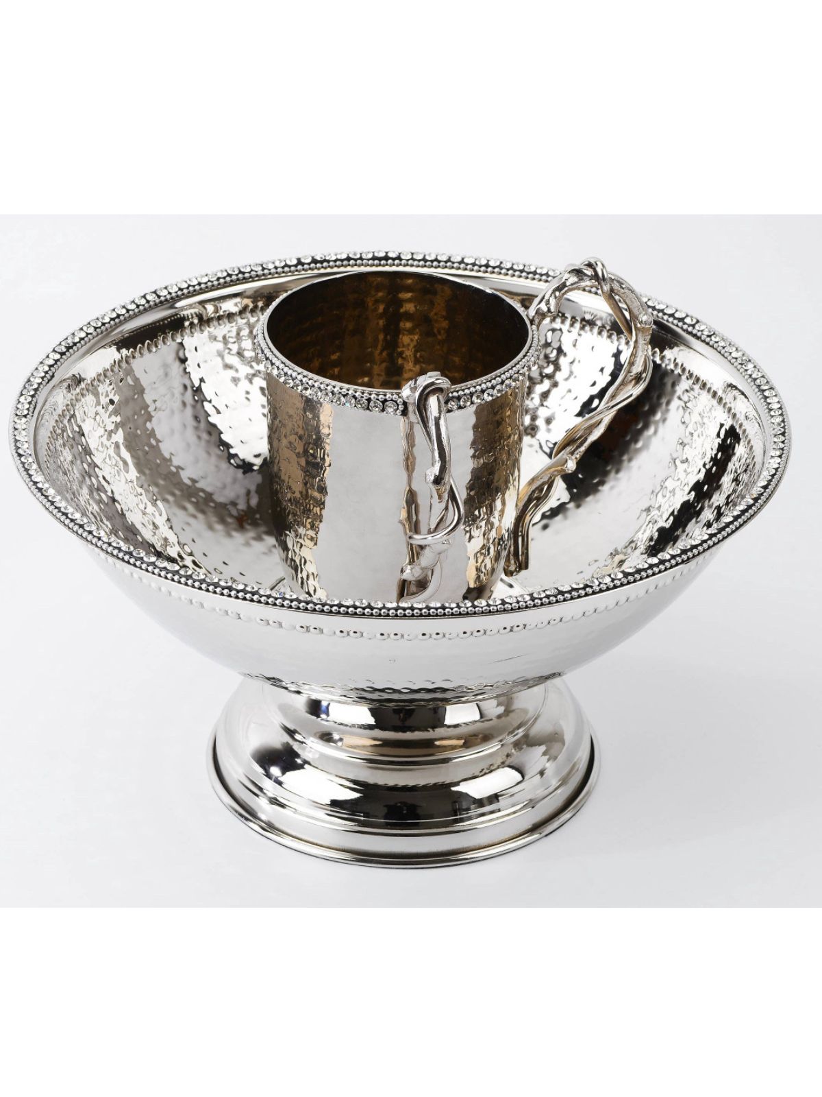 The stately Stainless Steel Wash Cup is composed of fine hammered stainless steel trimmed with exquisite diamonds