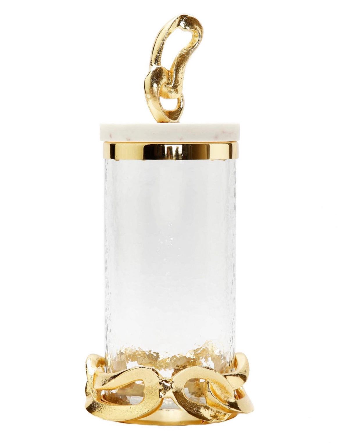 The Catena D’ Oro Glass Canisters has a beautiful gold chain design nestled at the bottom and top with a Marble Lid  available in Size Large from KYA Home Decor