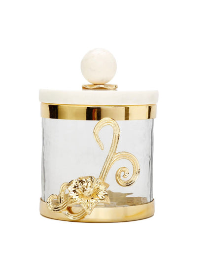 6.5H Luxury Kitchen Glass Canister with Stunning Gold Flower Design and Marble Lid - KYA Home Decor.
