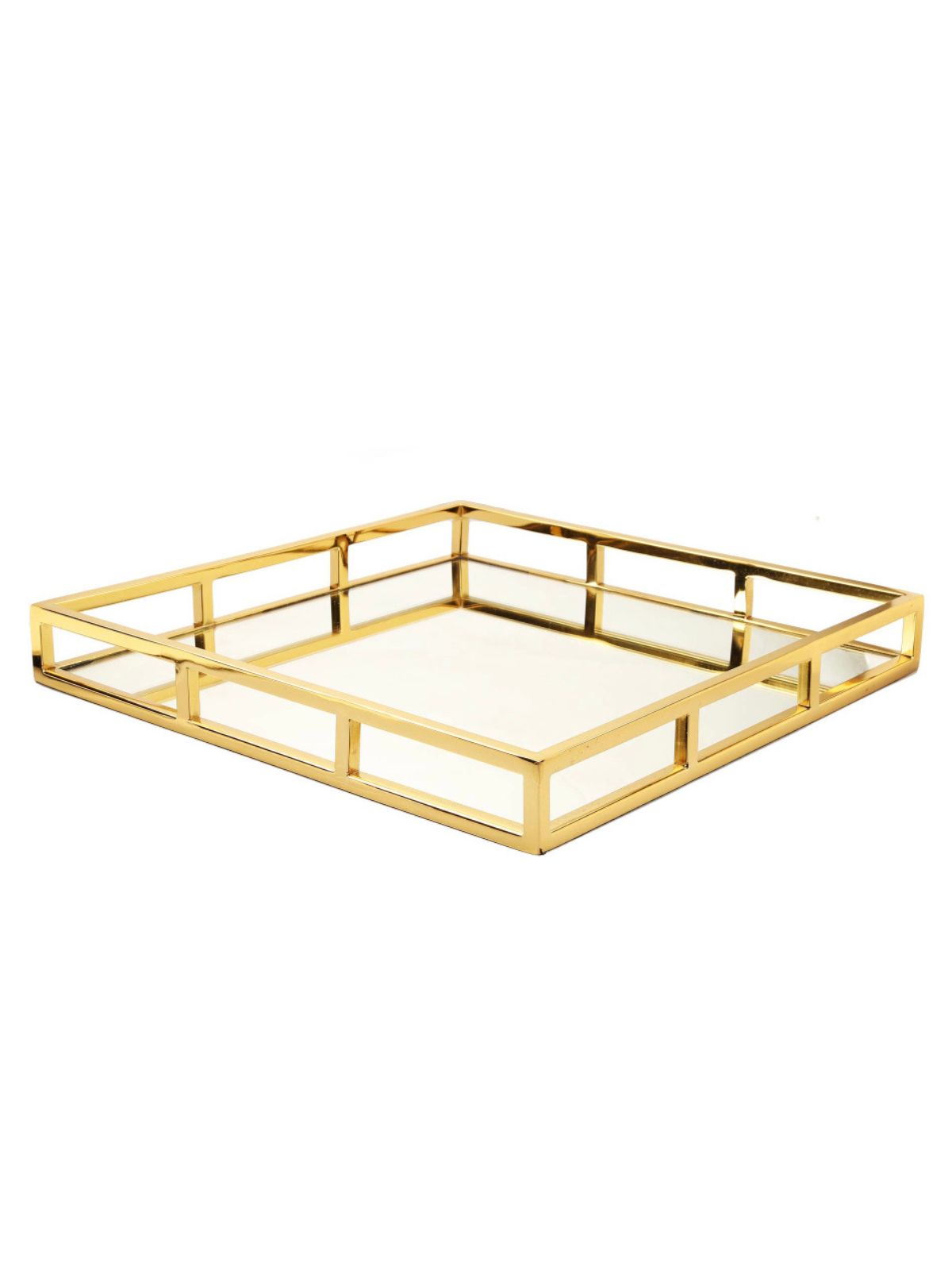 Large Gold Squared Decorative Stainless Steel Tray with Mirror Base.