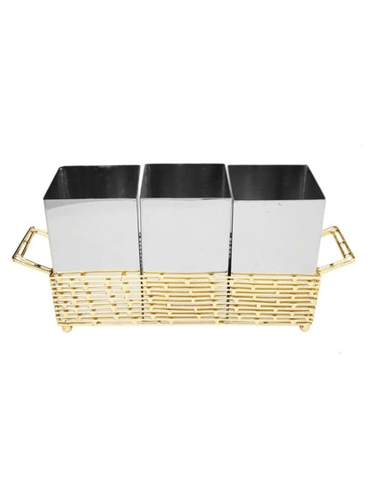 Gold Utensil Holder with Hammered Stainless Steel Inserts.
