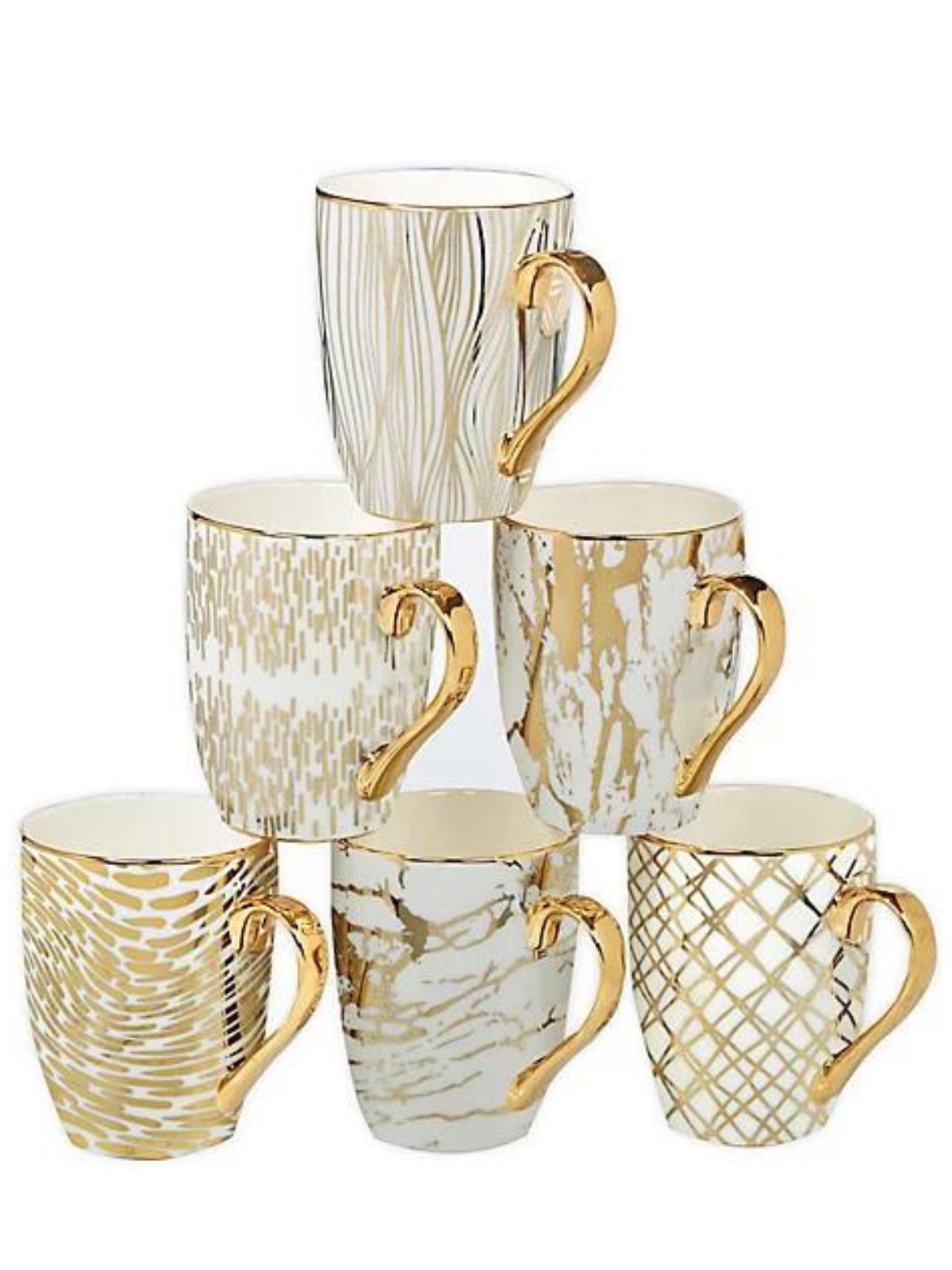 Enjoy your favorite beverage in style with this elegant matrix design gold plated mugs. Generously sized 16oz capacity featuring 6 assorted gold designs on white porcelain. 