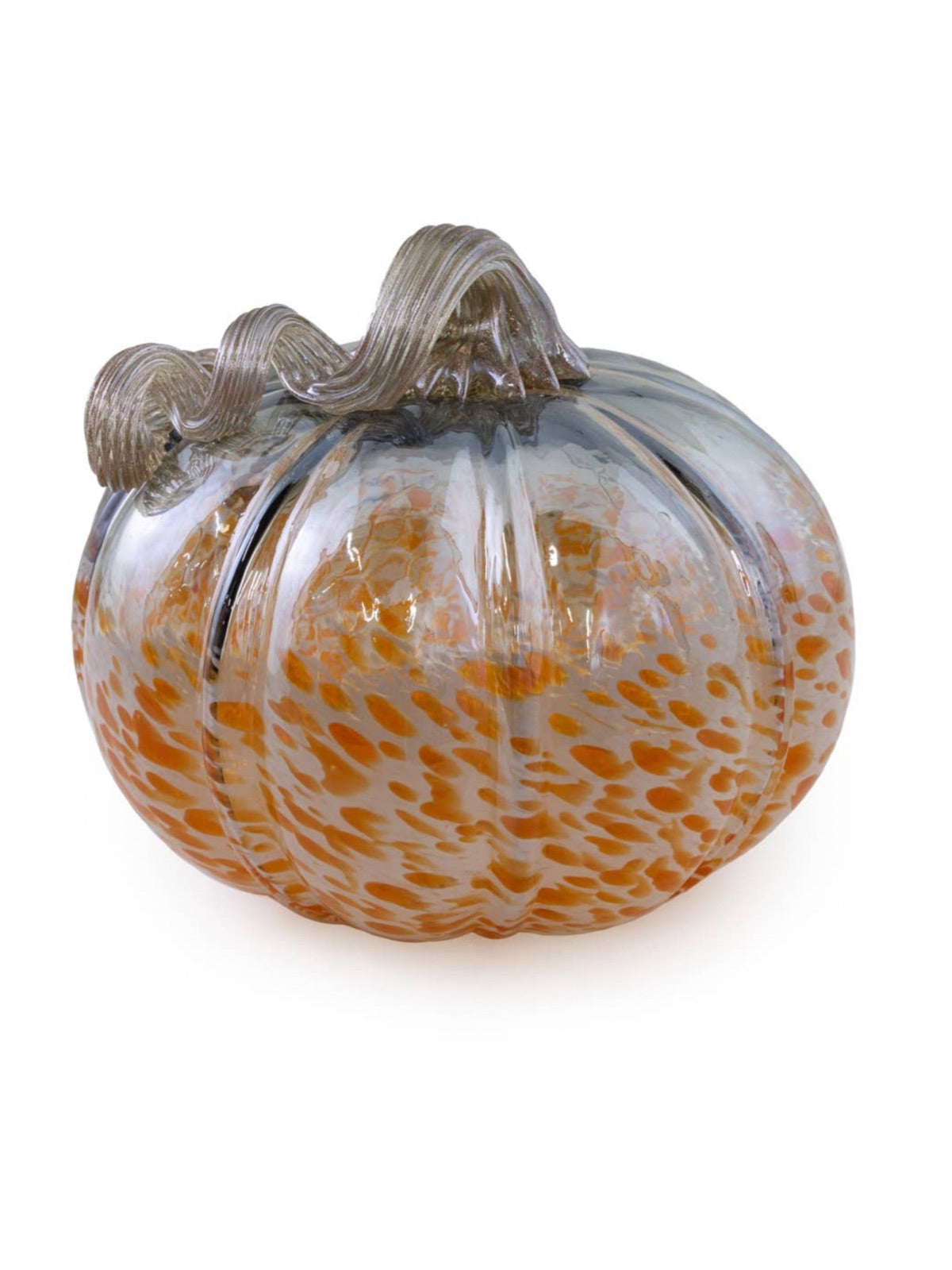 Bring charming seasonal style to your decor with this Decorative Pumpkin. This hand-blown glass pumpkin features a twisted stem on top and colorful orange spots on grey glass for eye-catching seasonal appeal in your home.