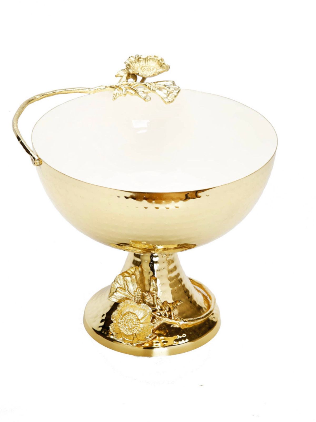 10D Gold Stainless Steel Footed Bowl with white enamel and floral detail | Luxury Bowls.