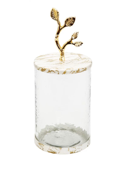 11.25H Luxury glass canisters with marble design and gold leaf details on lid - KYA Home Decor.