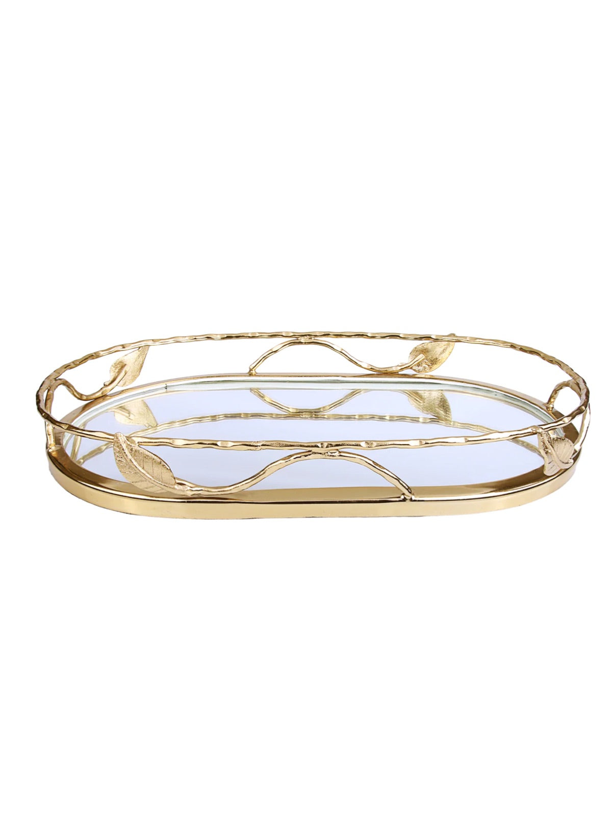 Oval mirror decorative tray with luxury gold leaf designed metal frame sold by KYA Home Decor.