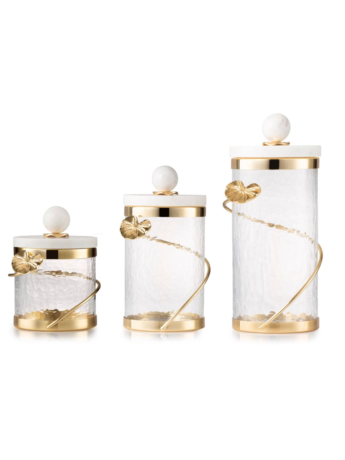 The Cuore D’ Oro Glass Canister Has A Gold Leaf Design & Marble Lid Available in 3 Sizes From KYA Home Decor