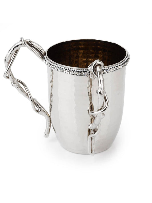 The stately Stainless Steel Wash Cup is composed of fine hammered stainless steel trimmed with exquisite diamonds
