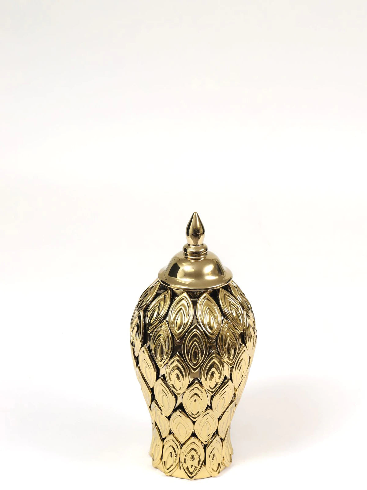 14H Gold Ceramic Ginger Jar With Gold Flower Petals and Removable Lid. Sold by KYA Home Decor.