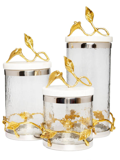 Luxury Glass Kitchen Canister With Gold Leaf Design and Marble Lid, 3 sizes - KYA Home Decor.