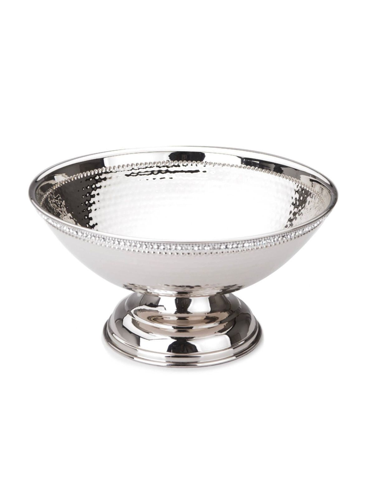 11.25D Round hammered stainless steel footed bowl trimmed with sparkling diamond crystals.