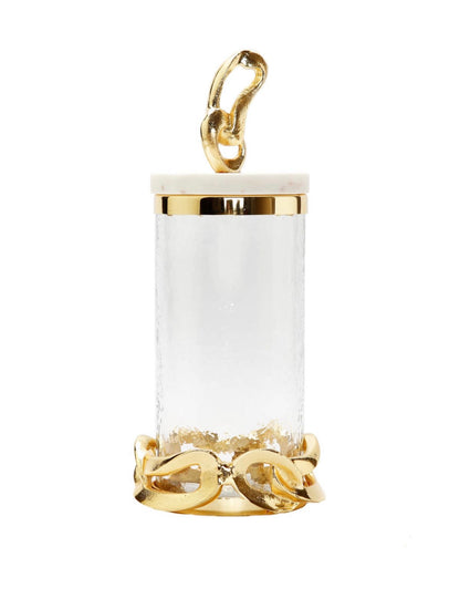The Catena D’ Oro Glass Canisters has a beautiful gold chain design nestled at the bottom and top with a Marble Lid  available in Size Medium from KYA Home Decor