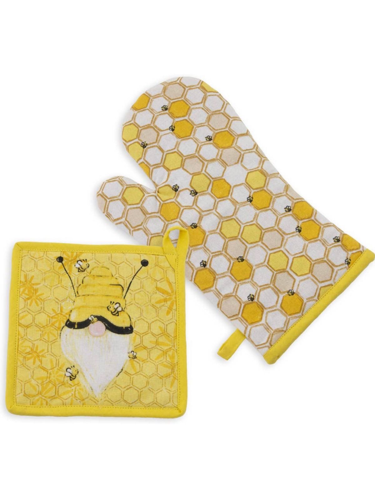 Set of 2 Yellow Bee Gnome Oven Mitt and Pot Holder Sold by KYA Home Decor.