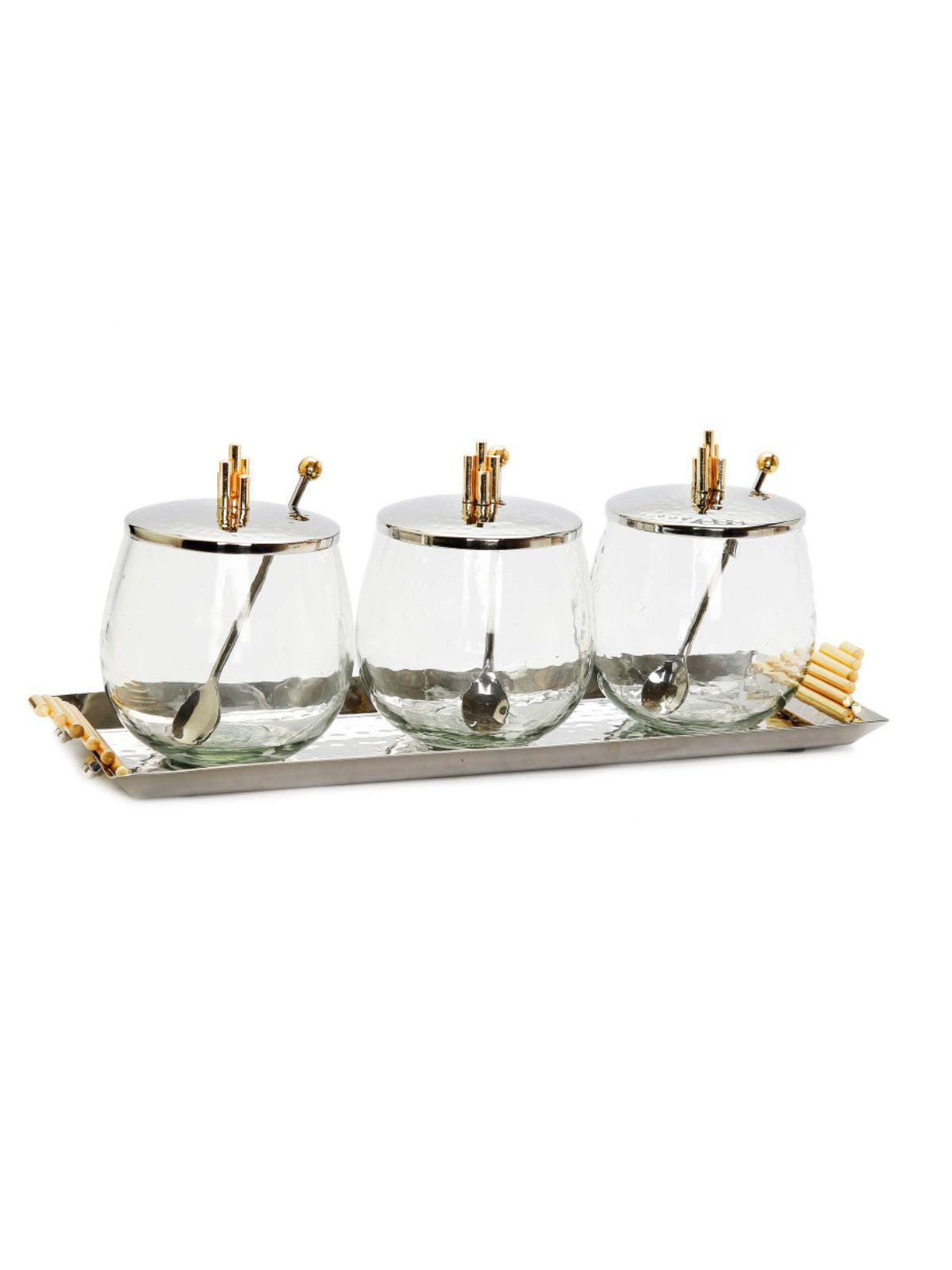 3 Glass Bowls and Spoons On Stainless Steel Tray With  With Gold Diamond Designed Handles - Front View
