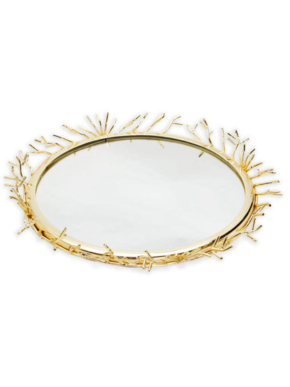 Round Decorative Mirror Tray with Stainless Steel Gold Twigs Design, 16.5D.