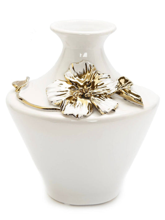 9H White Ceramic Decorative Vase with 3D Luxury Gold Floral Detail - KYA Home Decor.