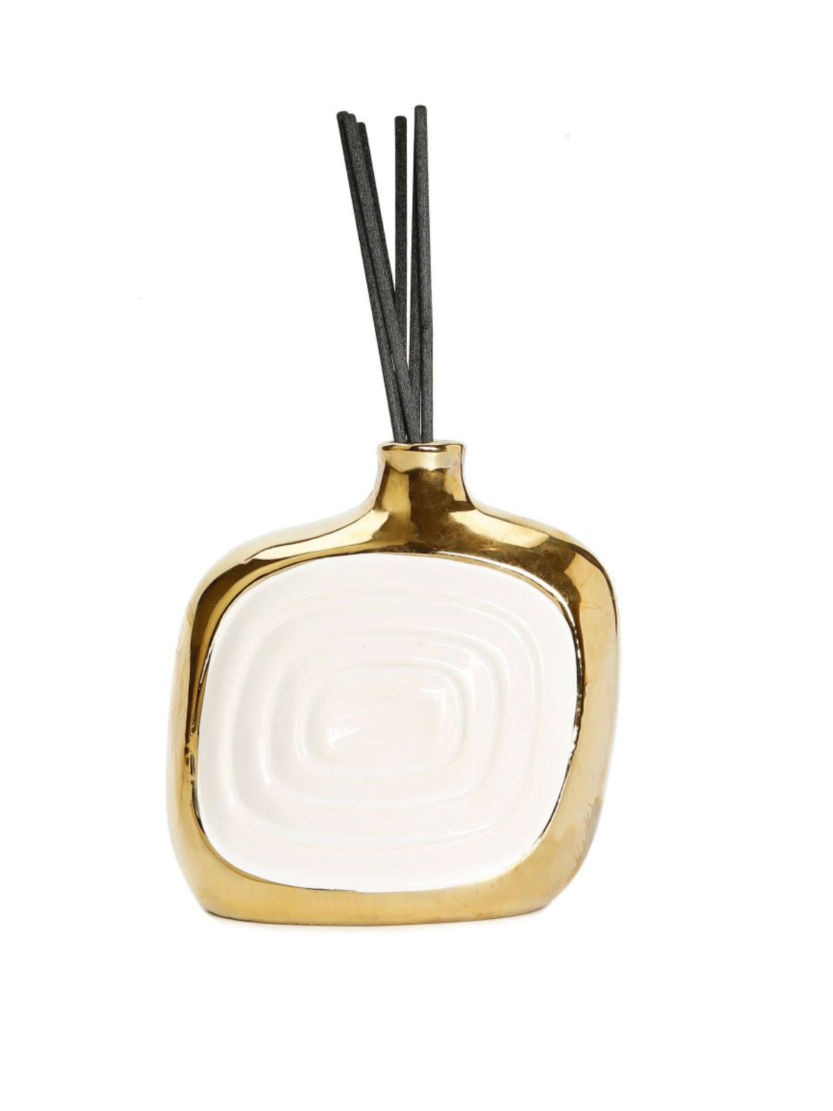 White Squared and Gold Edges Ceramic Reed Diffuser with a Luxury English Pear and Freesia Scent. 