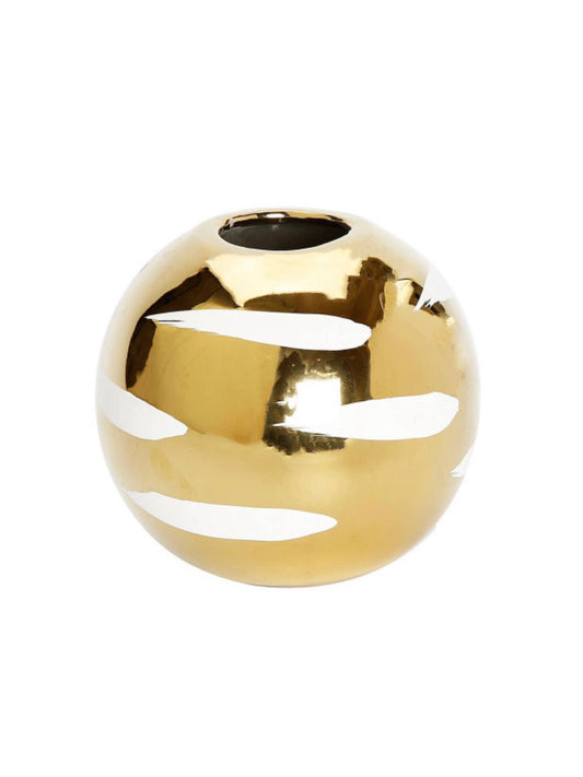 4D Gold Ceramic Round Shaped Decorative Vase with Luxurious White Brushstroke Detail - KYA Home Decor. 